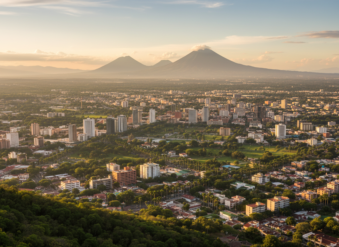 City in a green valley with volcanoes on the horizon at golden hour