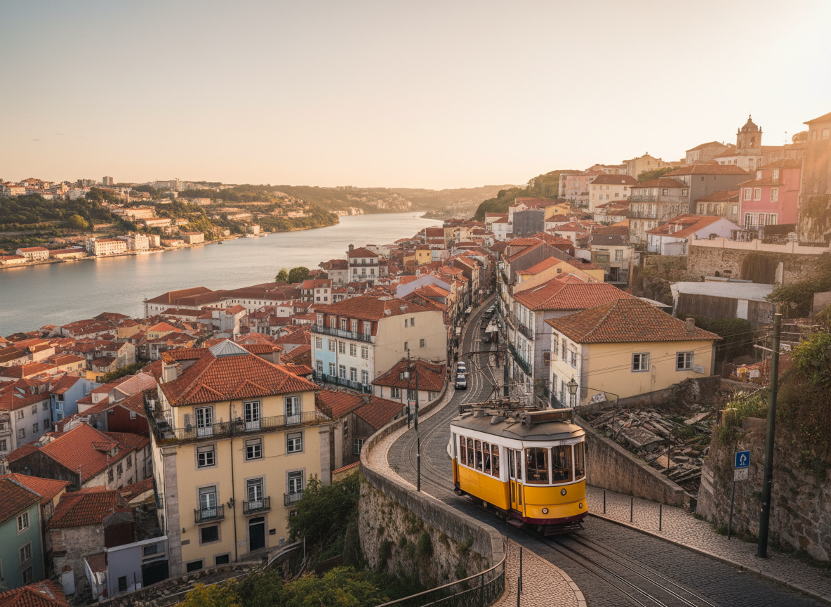 Pastel buildings on a hillside with a yellow tram on a cobblestone street at golden hour