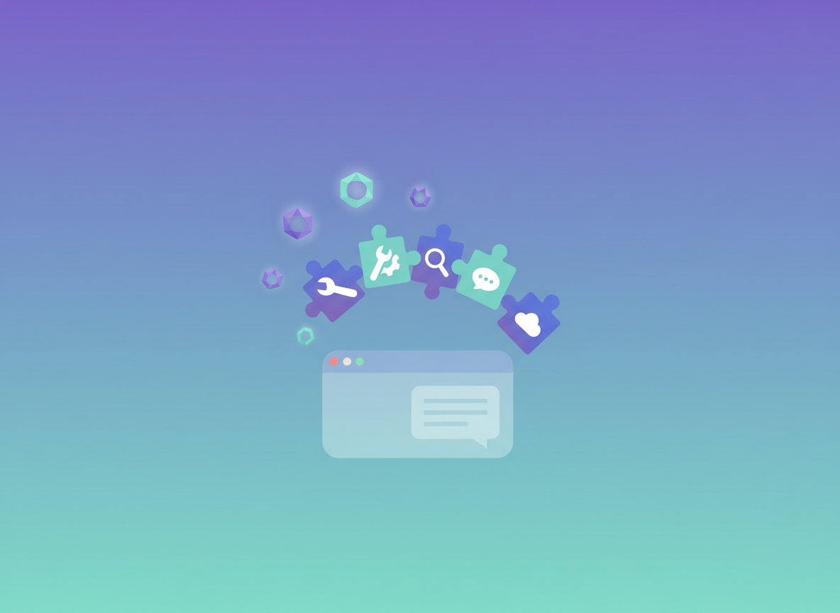 Illustration of gem shapes turning into interlocking tool cards above an abstract chat window