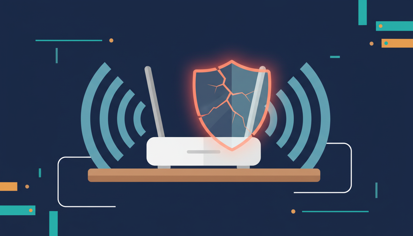 Illustration of a home Wi-Fi router sending out radio waves next to a cracked security shield