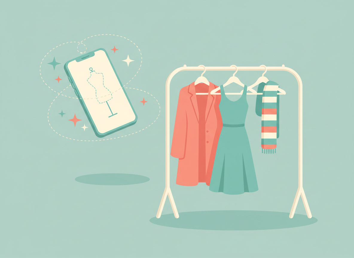 Illustration of a smartphone next to a clothing rack with sparkles, representing AI virtual try-on for shopping