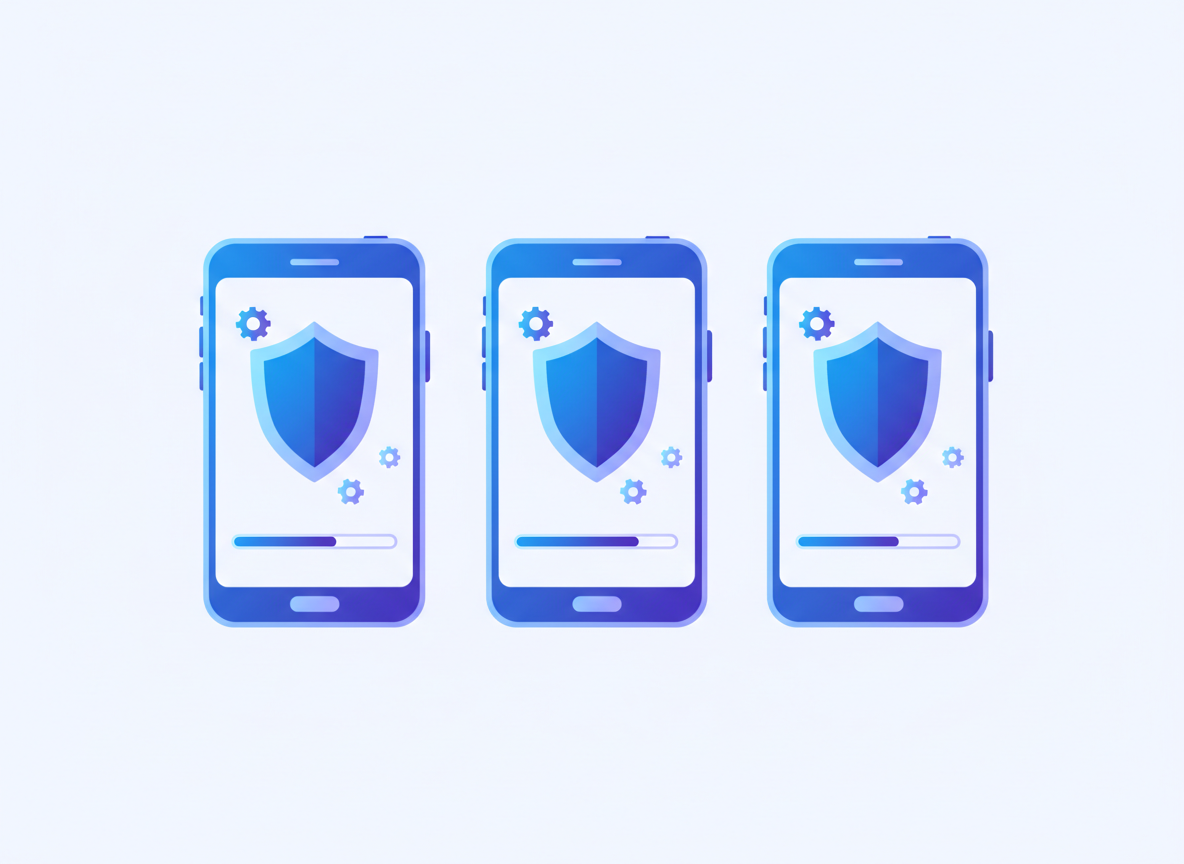 Illustration of three smartphones displaying a security shield and download progress bars, representing a monthly security patch and system update