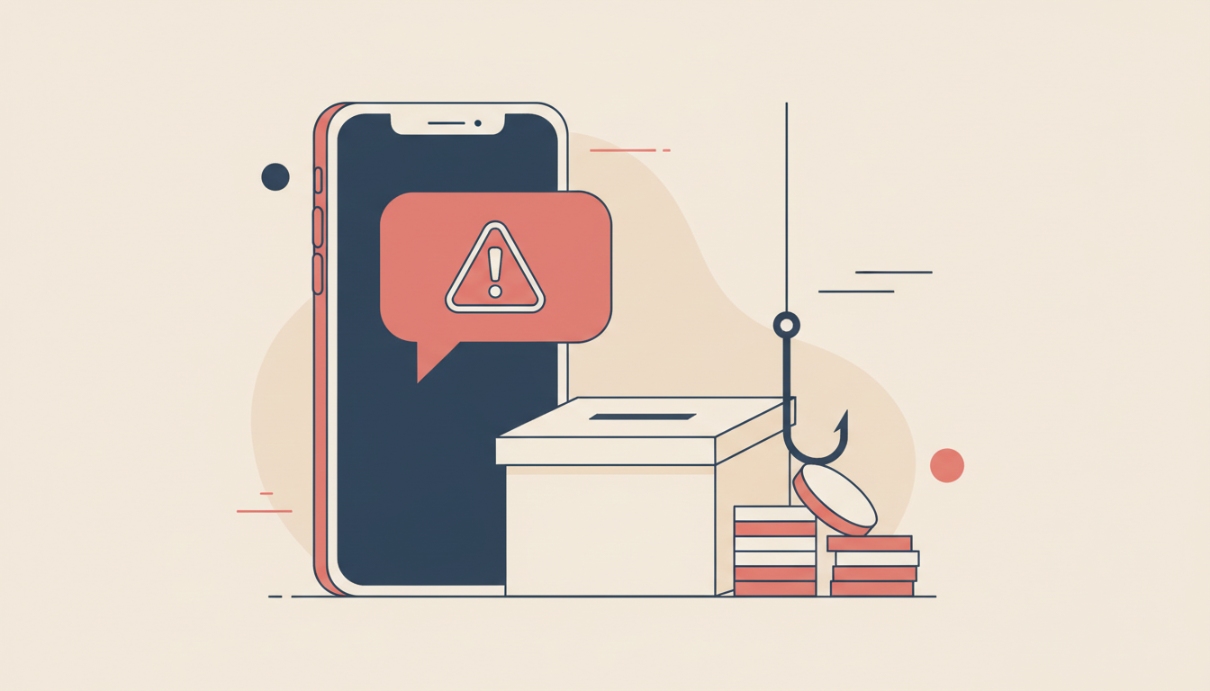 Illustration of a smartphone with a warning message, a ballot box and a fishing hook tugging at coins, representing election scams