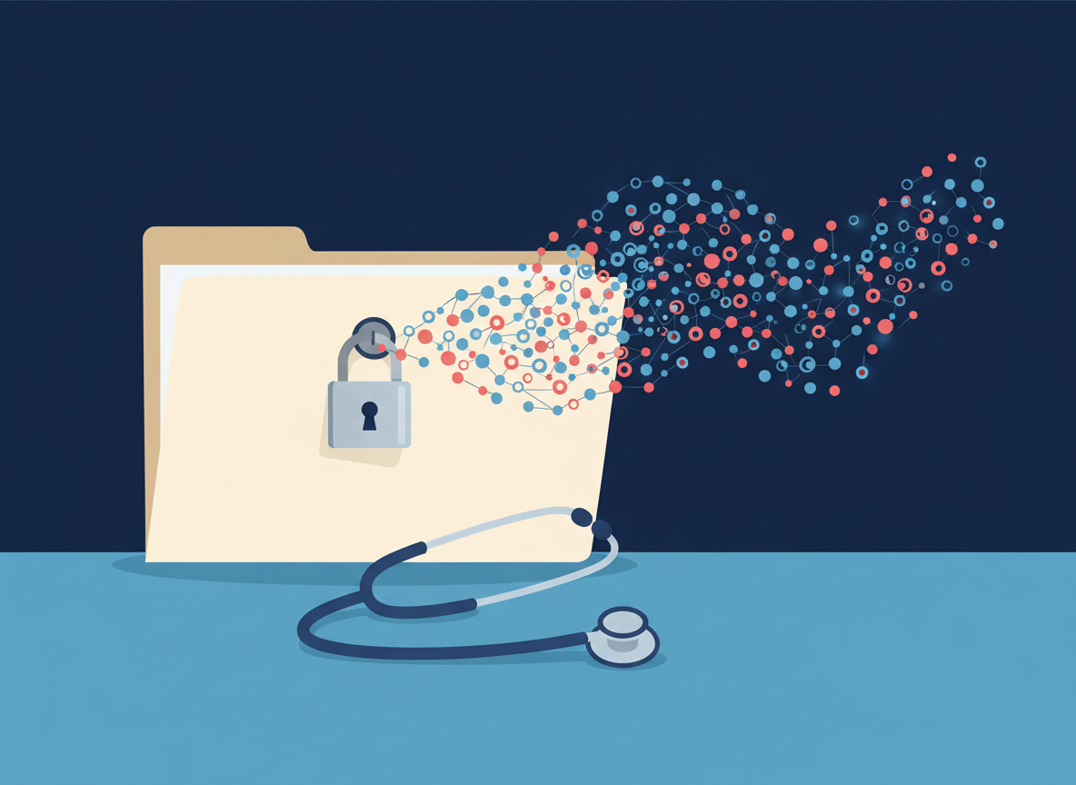 Illustration of a medical records folder and stethoscope next to an open padlock, with data leaking out, representing a health data breach
