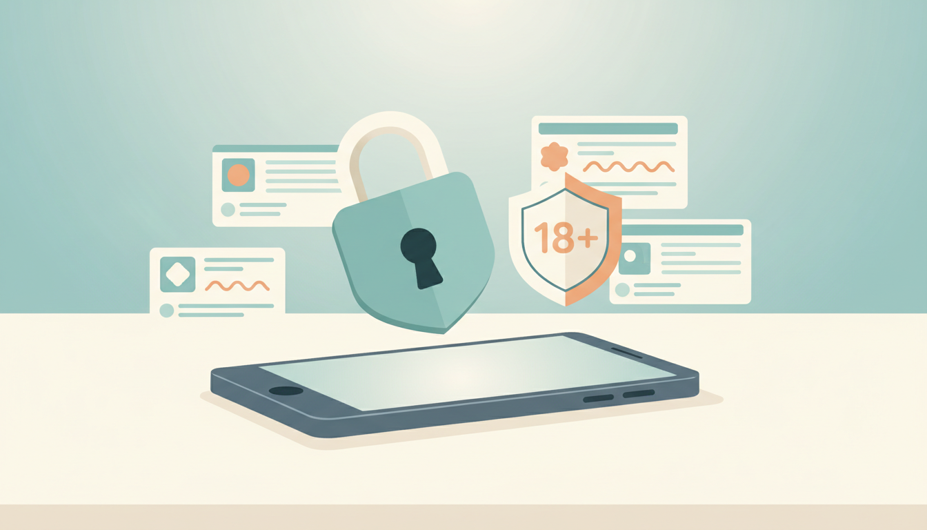 Illustration of a smartphone with a padlock and age-verification shield above it, symbolizing social media age limits for teens