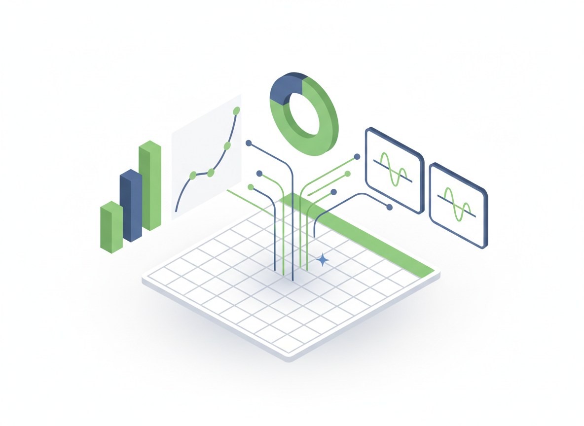 Isometric illustration of a spreadsheet grid turning into a live dashboard of charts and metric tiles